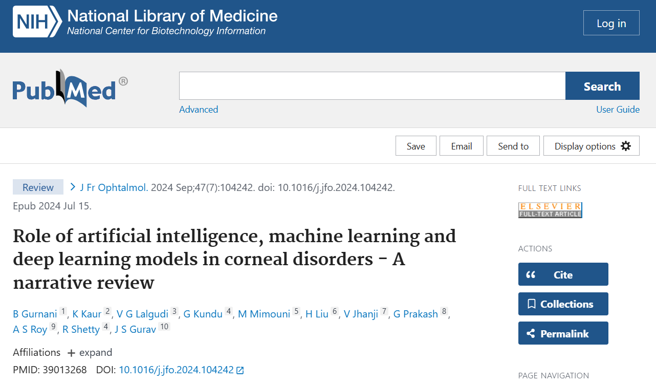 Role of artificial intelligence, machine learning and deep learning models in corneal disorders - A narrative review.
