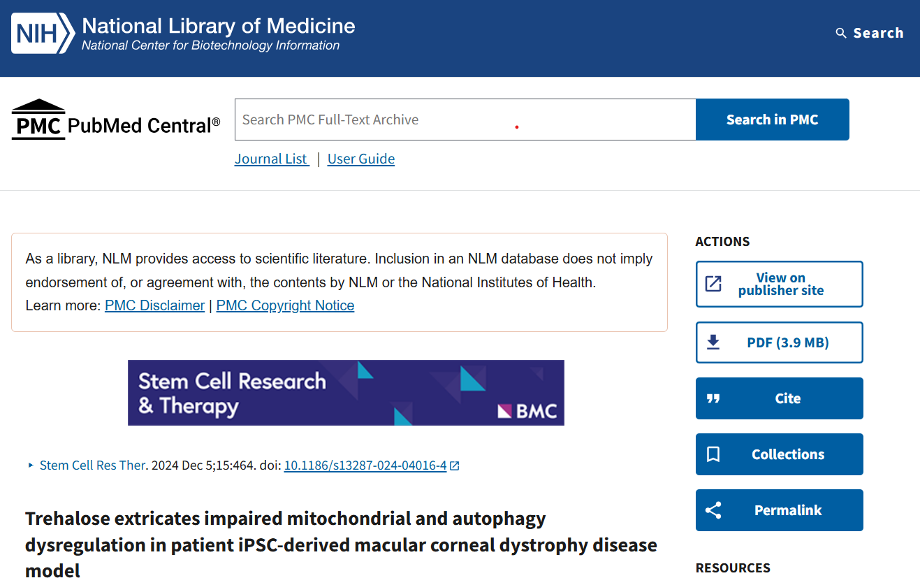 Trehalose extricates impaired mitochondrial and autophagy dysregulation in patient iPSC-derived macular corneal dystrophy disease model
