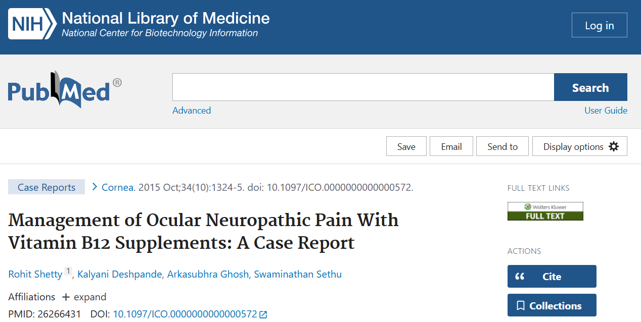 Management of Ocular Neuropathic Pain With Vitamin B12 Supplements A Case Report